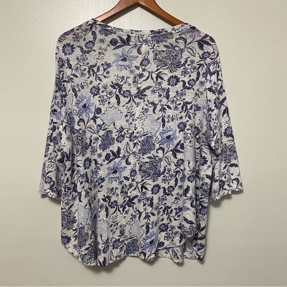 Rachel Zoe 100% Linen Blue Floral Boho Top Womens Size 1X V-neck 3/4 Sleeve - Picture 4 of 9